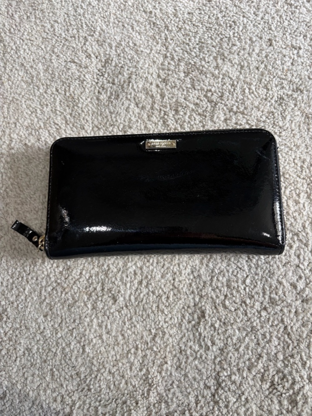 Kate Spade Black Patent Leather Zip Around Wallet with Gold Logo, Great Storage